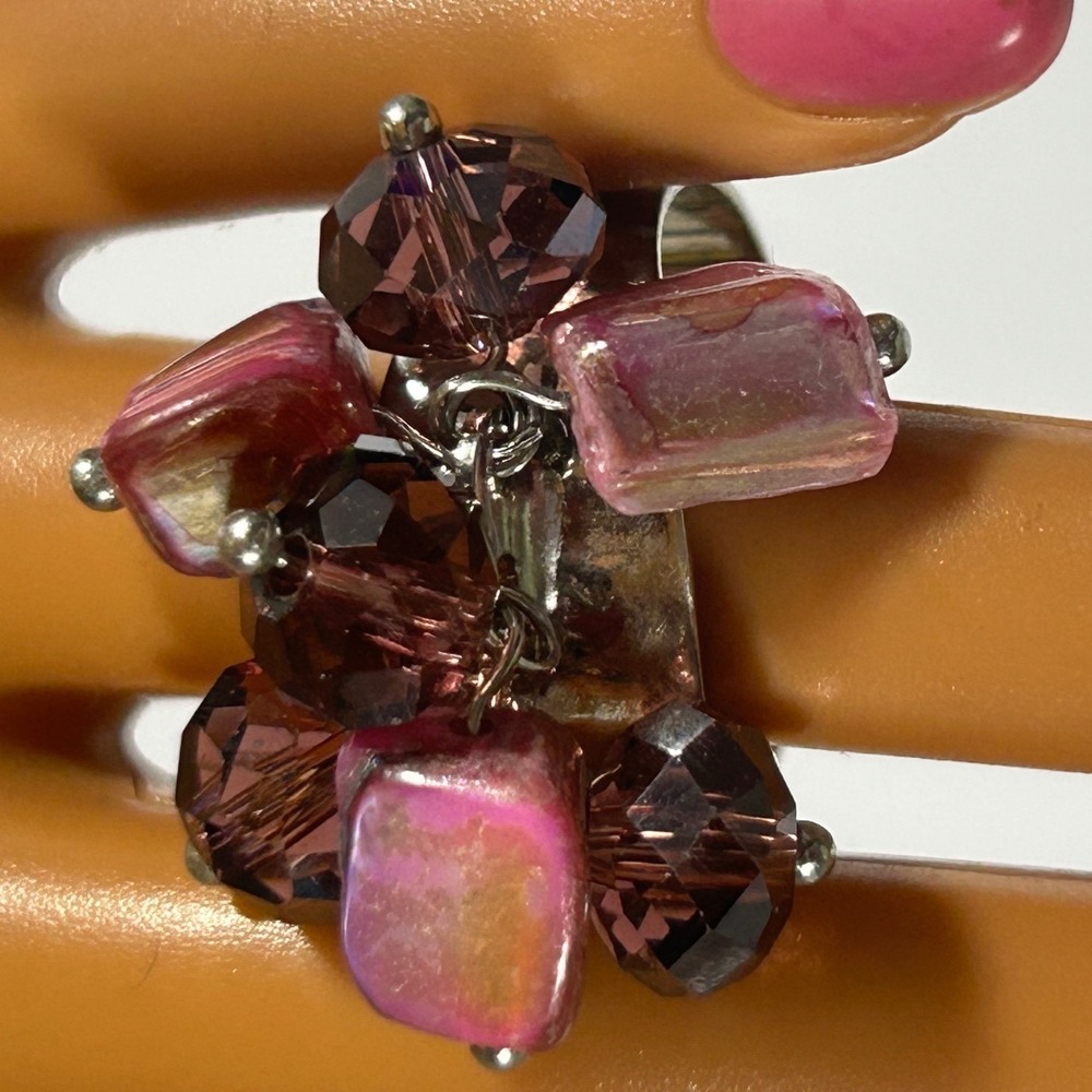 Pink Iridescent and Purple Beaded Cluster Adjustable Bypass Ring Silver Tone
